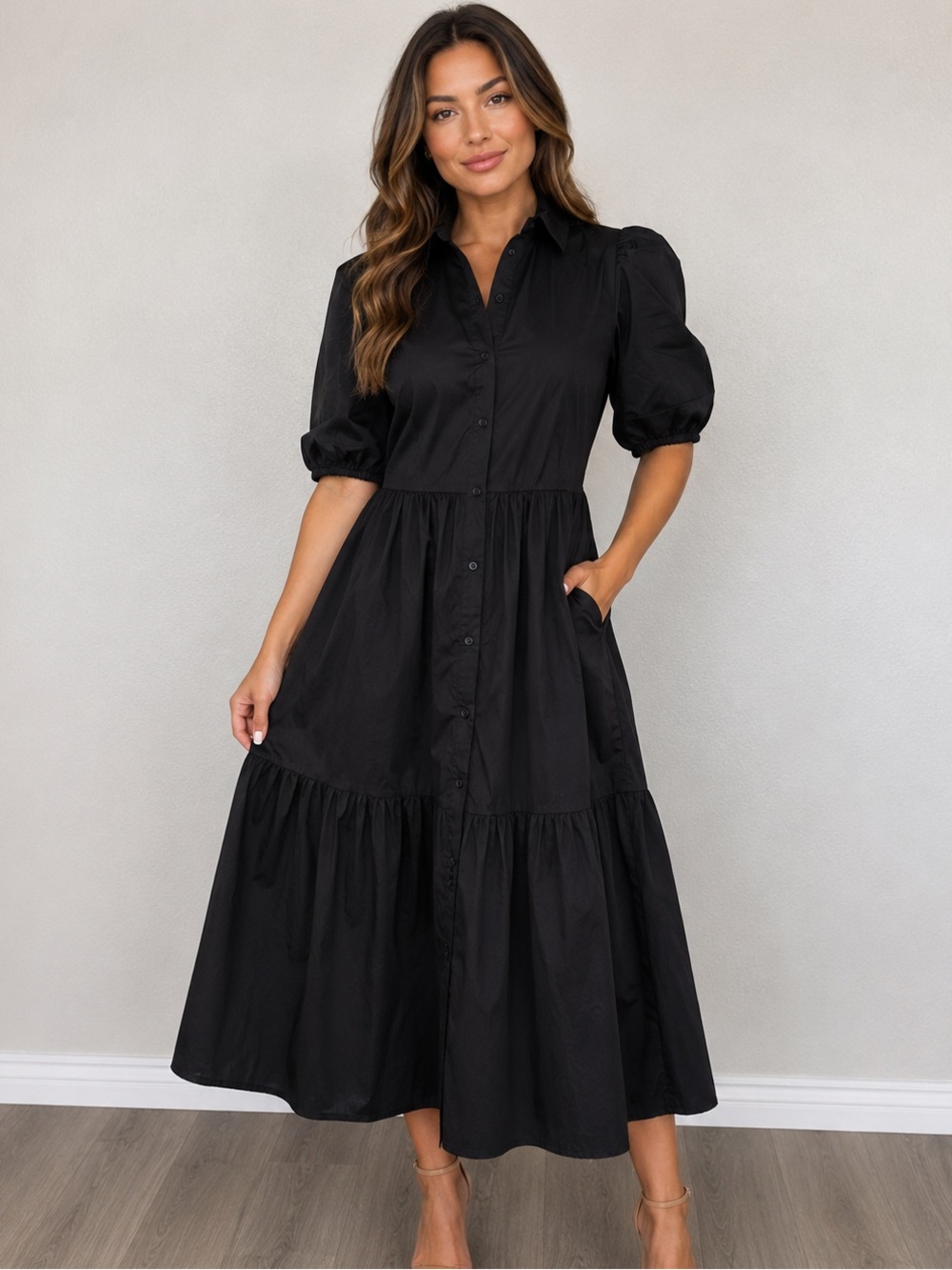 NWOT Desigual Black Button-Front Tiered Boho Maxi Dress, L